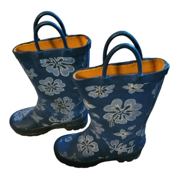 Girls Size 10 Pull On Rain Boots Rubber Blue Floral Lands End School Play - Picture 3 of 3